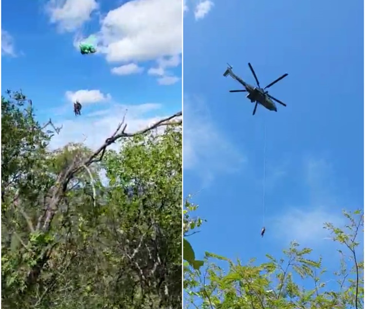 Com apoio de helicóptero, Corpo de Bombeiros de Caicó resgata piloto de parapente preso em fio de alta tensão: “A 200m de altura”