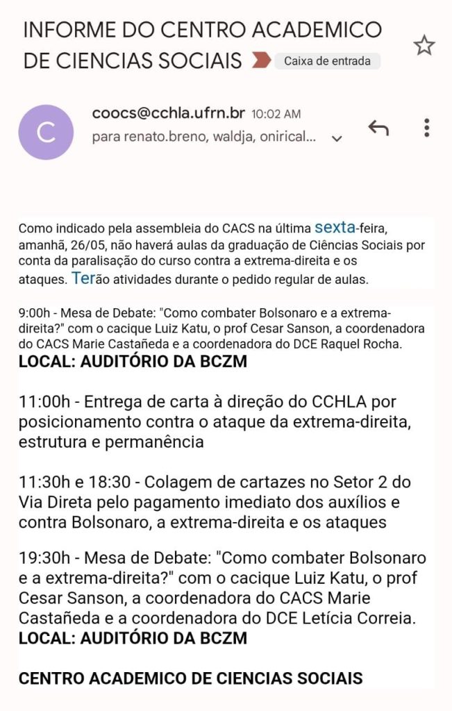 “GREVE ESTUDANTIL”: Alunos de Ciências Sociais da UFRN não terão aula amanhã para deliberar contra Bolsonaro e a extrema-direita dentro da Universidade