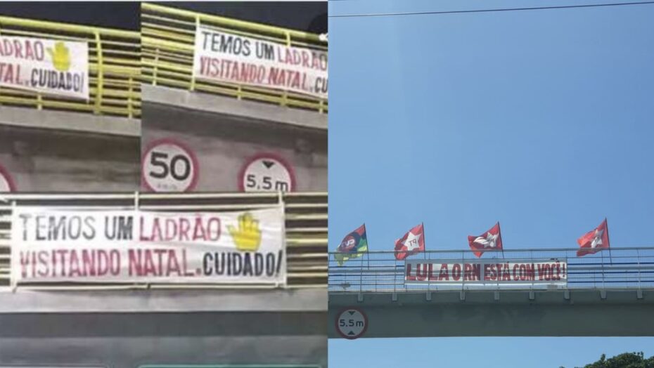 Faixas de apoio e protesto pela visita de Lula são espalhadas por Natal