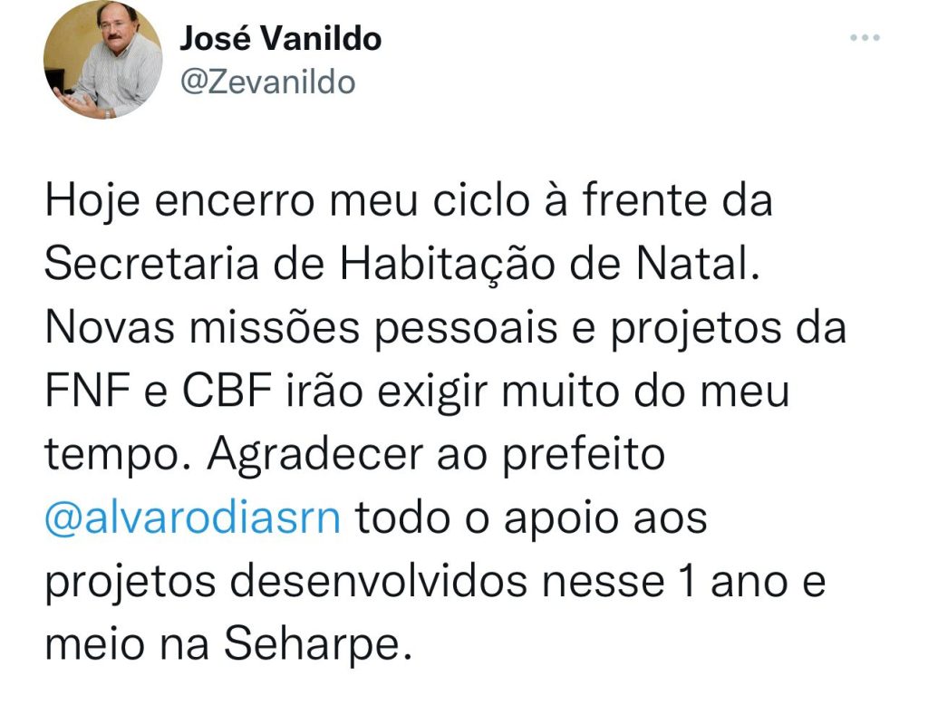 José Vanildo deixa Secretaria de Habitação da Prefeitura de Natal