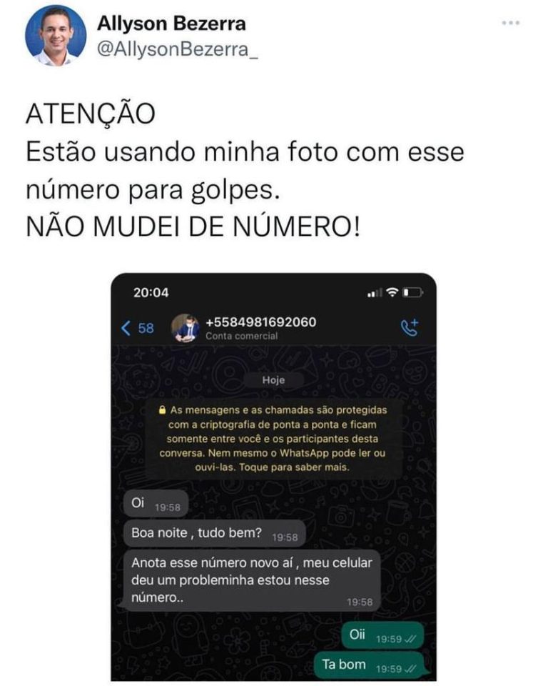 Criminosos usam foto do prefeito de Mossoró Allyson Bezerra para tentar aplicar golpes via WhatsApp