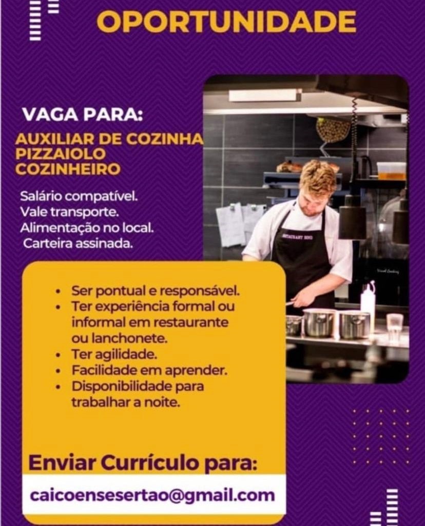 Auxiliar de Cozinha, Pizzaiolo e Cozinheiro