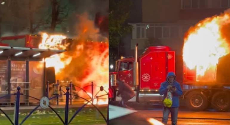 Caminhão de Natal da Coca-Cola pega fogo durante desfile