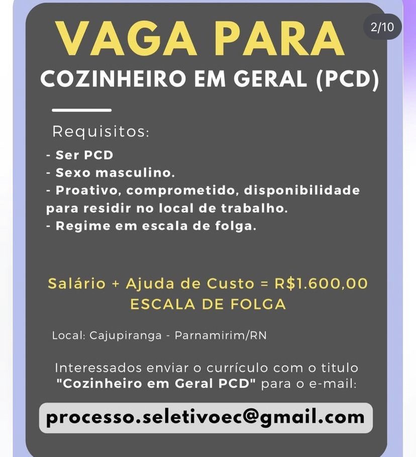 Cozinheiro em Geral (PCD)