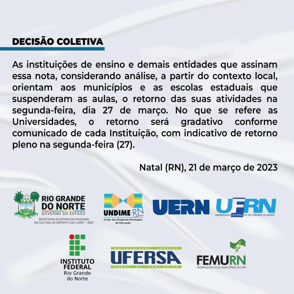 Instituições públicas de ensino no RN assinam nota conjunta apontando retorno gradativo das aulas